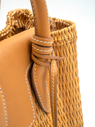 Woven Tote Bag with Leather Handle and a Logo Embossed Luggage Tag