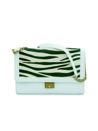White Leather Shoulder Bag with Zebra Print Calfhair on Flap