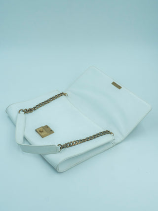 White Leather Shoulder Bag with Zebra Print Calfhair on Flap