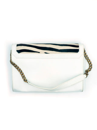 White Leather Shoulder Bag with Zebra Print Calfhair on Flap