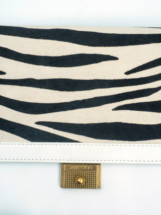 White Leather Shoulder Bag with Zebra Print Calfhair on Flap