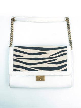 White Leather Shoulder Bag with Zebra Print Calfhair on Flap