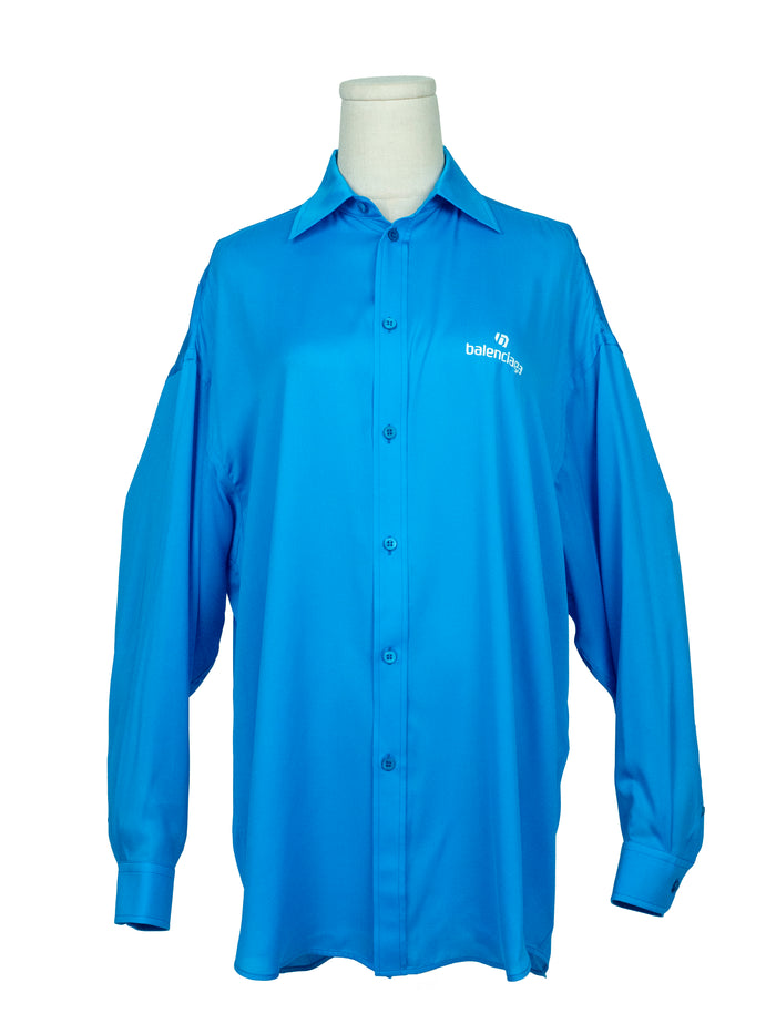 Blue Silk Long Shirt with Logo Front and Back