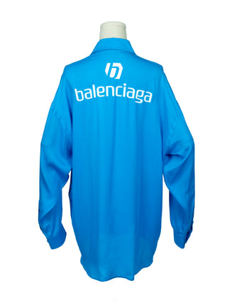Blue Silk Long Shirt with Logo Front and Back