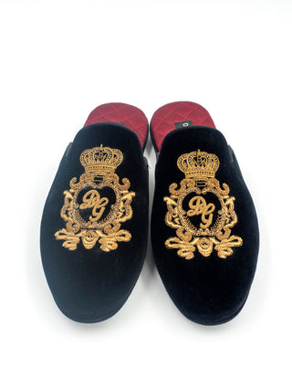 Black Velvet Embroidered Gold Crown Mens Flat Mules