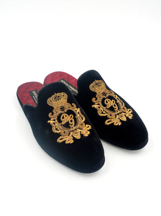 Black Velvet Embroidered Gold Crown Mens Flat Mules