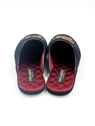 Black Velvet Embroidered Gold Crown Mens Flat Mules