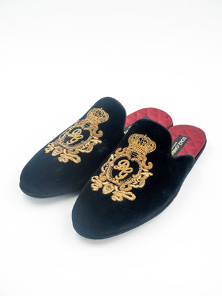 Black Velvet Embroidered Gold Crown Mens Flat Mules
