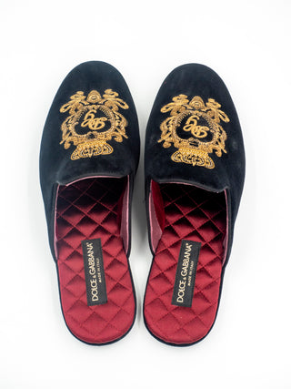 Black Velvet Embroidered Gold Crown Mens Flat Mules