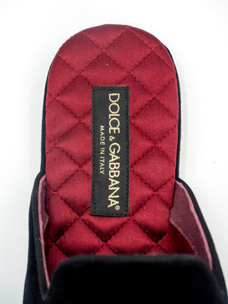 Black Velvet Embroidered Gold Crown Mens Flat Mules