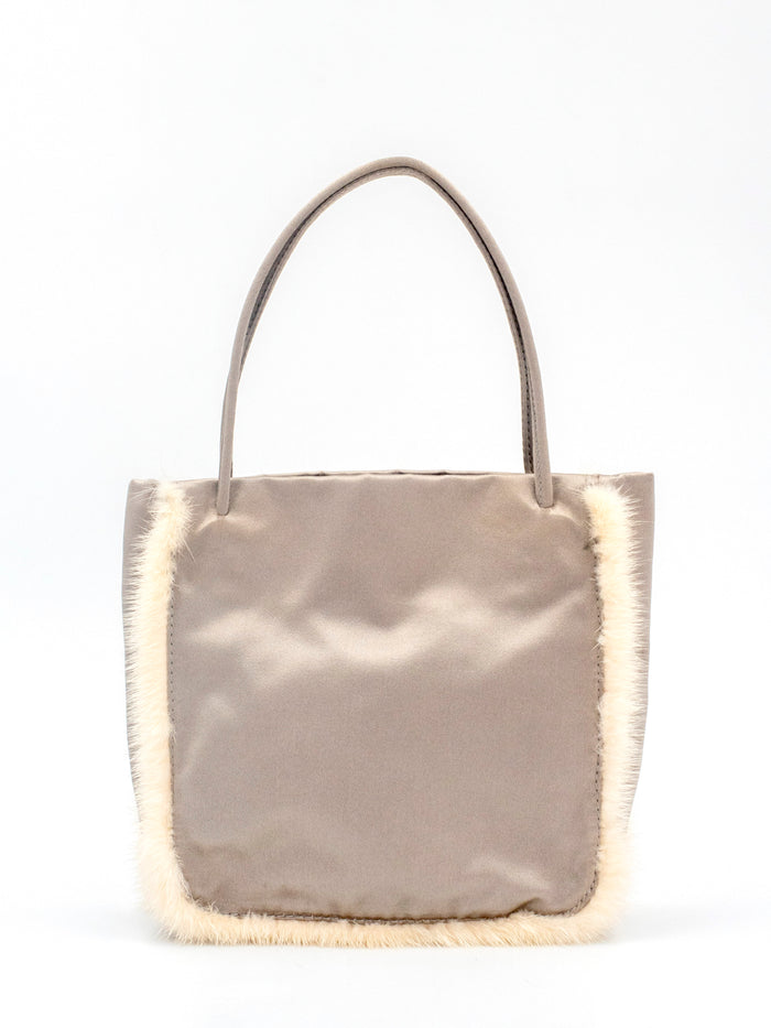 Silver Satin Raso Mini Top Handle Bag with Fur Trims