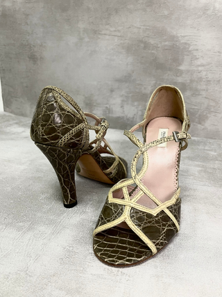 Brown 95mm Open Toe High Heels With Beige Straps