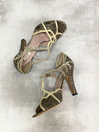 Brown 95mm Open Toe High Heels With Beige Straps