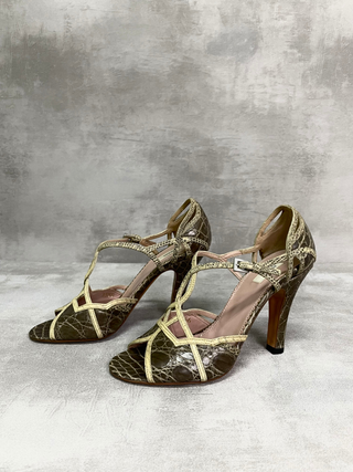 Brown 95mm Open Toe High Heels With Beige Straps