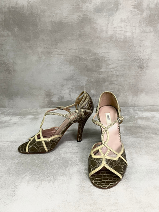 Brown 95mm Open Toe High Heels With Beige Straps