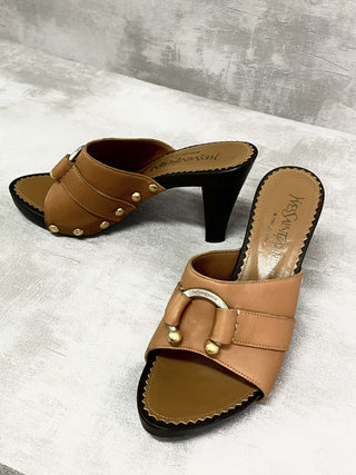 Beige High Heel Clogs With Golden Buckle
