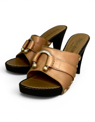 Beige High Heel Clogs With Golden Buckle