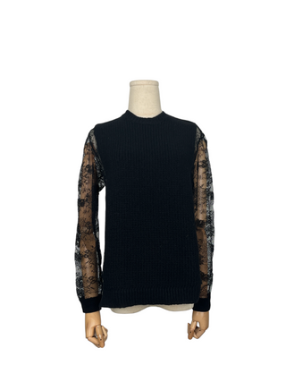 Black Wool Pullover With Lace Sleeves And Sides