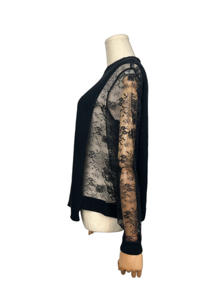 Black Wool Pullover With Lace Sleeves And Sides