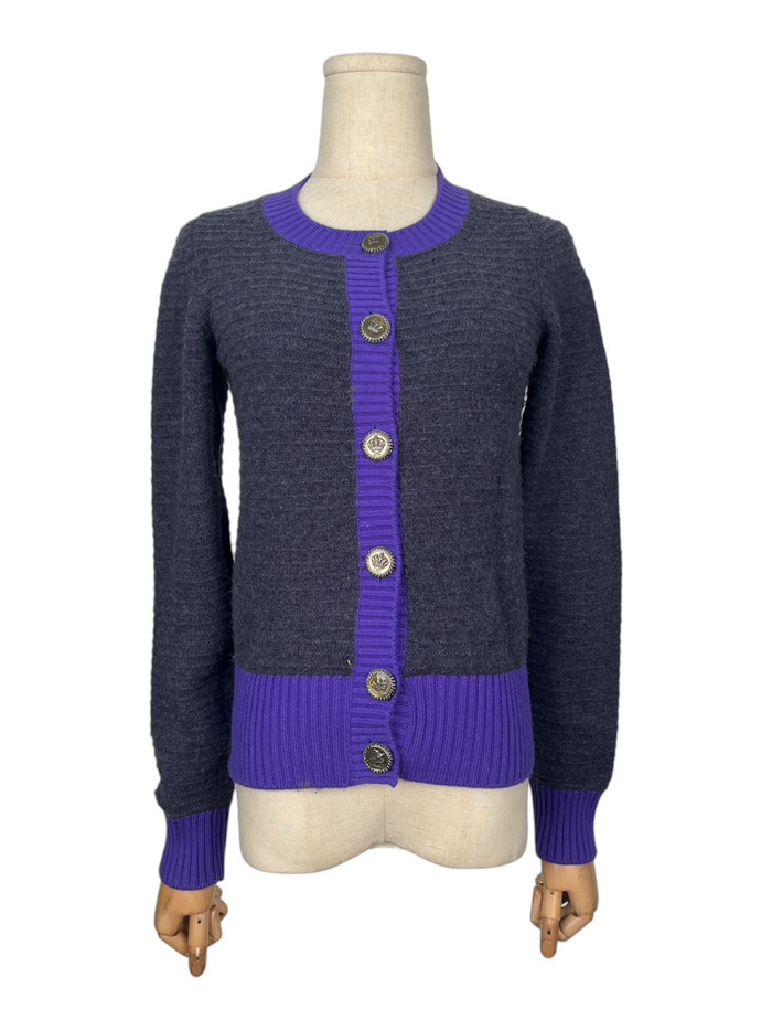 Grey Cashmere Cardigan With Purple Trim And Bronze Tone Crown Coco Mark Buttons