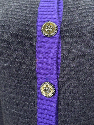 Grey Cashmere Cardigan With Purple Trim And Bronze Tone Crown Coco Mark Buttons