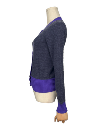 Grey Cashmere Cardigan With Purple Trim And Bronze Tone Crown Coco Mark Buttons