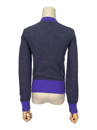 Grey Cashmere Cardigan With Purple Trim And Bronze Tone Crown Coco Mark Buttons