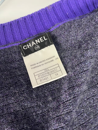 Grey Cashmere Cardigan With Purple Trim And Bronze Tone Crown Coco Mark Buttons
