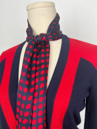 Navy And Red Cashmere Cardigan With Polka Dot Silk Neck Wrap