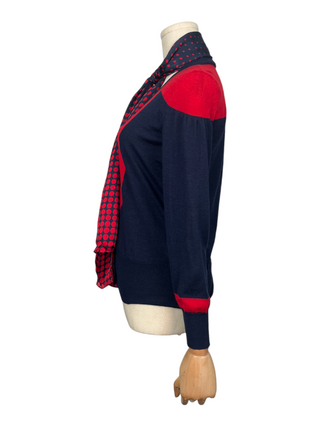 Navy And Red Cashmere Cardigan With Polka Dot Silk Neck Wrap