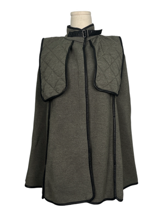 Olive Green Wool Cape With Black Leather Trim