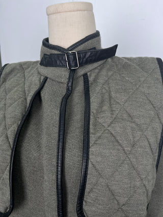 Olive Green Wool Cape With Black Leather Trim