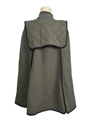 Olive Green Wool Cape With Black Leather Trim