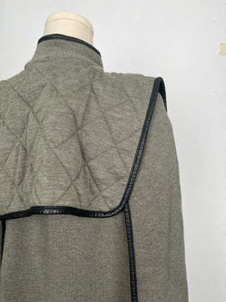 Olive Green Wool Cape With Black Leather Trim