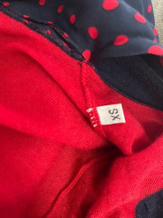 Navy And Red Cashmere Cardigan With Polka Dot Silk Neck Wrap