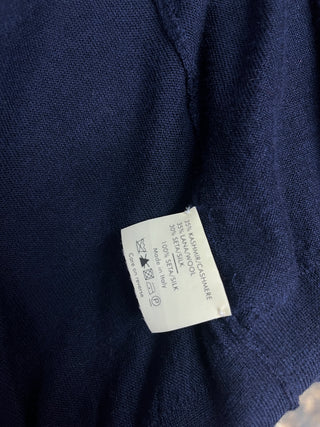 Navy And Red Cashmere Cardigan With Polka Dot Silk Neck Wrap