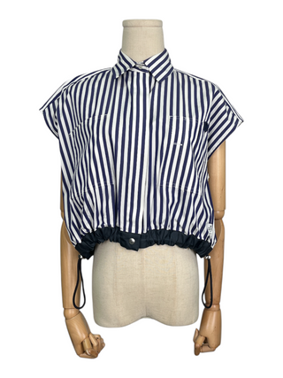 Blue Stripe Sleeveless Top With Drawstrings End