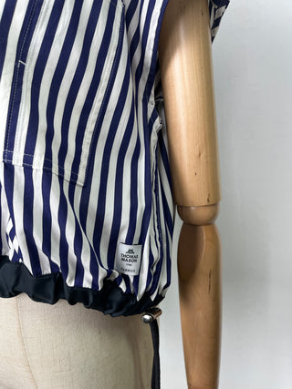 Blue Stripe Sleeveless Top With Drawstrings End