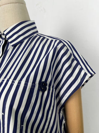 Blue Stripe Sleeveless Top With Drawstrings End