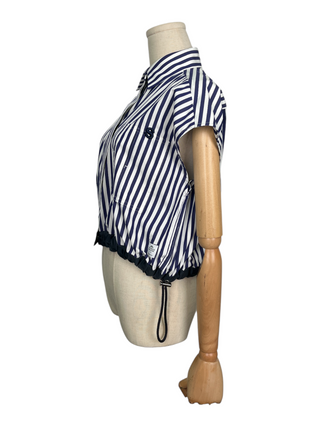 Blue Stripe Sleeveless Top With Drawstrings End