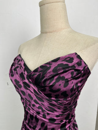 Purple Animal Print Silk Ruched Tube Dress