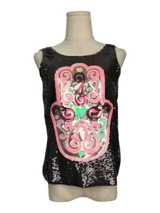 Brown Sequined Tank Top With Palm Graphic On The Front