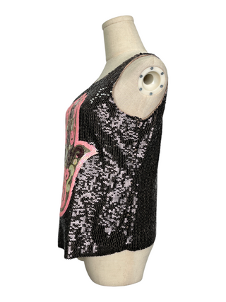 Brown Sequined Tank Top With Palm Graphic On The Front