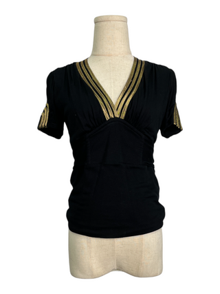 Black V-Neck Top With Gold-Striped Trims