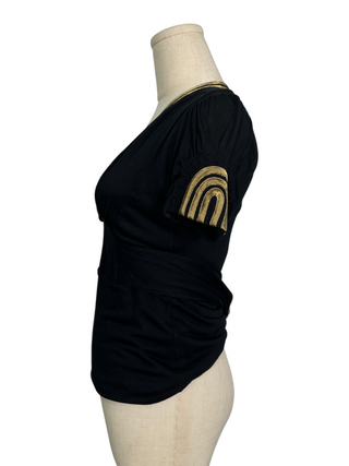 Black V-Neck Top With Gold-Striped Trims