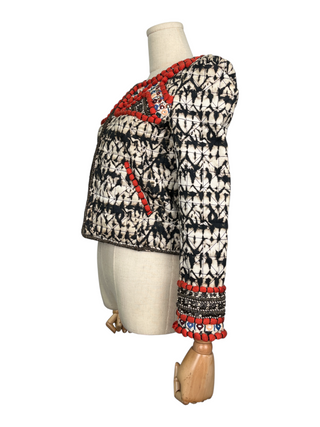 Multicolor Embellished Print Boho Beaded Jacket