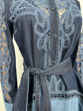 Blue Denim Mid-Length Dress With Belt