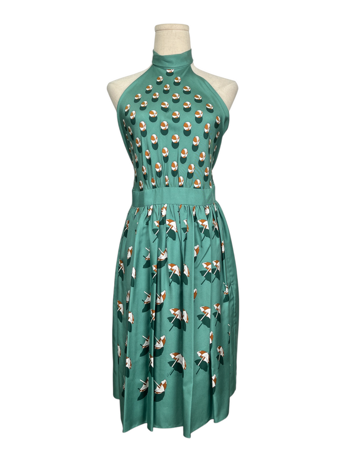 Green Beach Ball Print Halter Neck Silk Dress