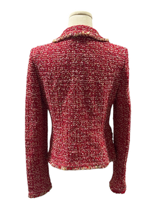 Red Tweed Blazer With Ornated Crystal Buttons