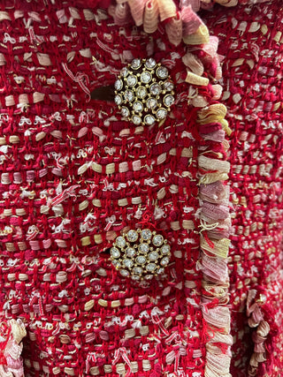 Red Tweed Blazer With Ornated Crystal Buttons